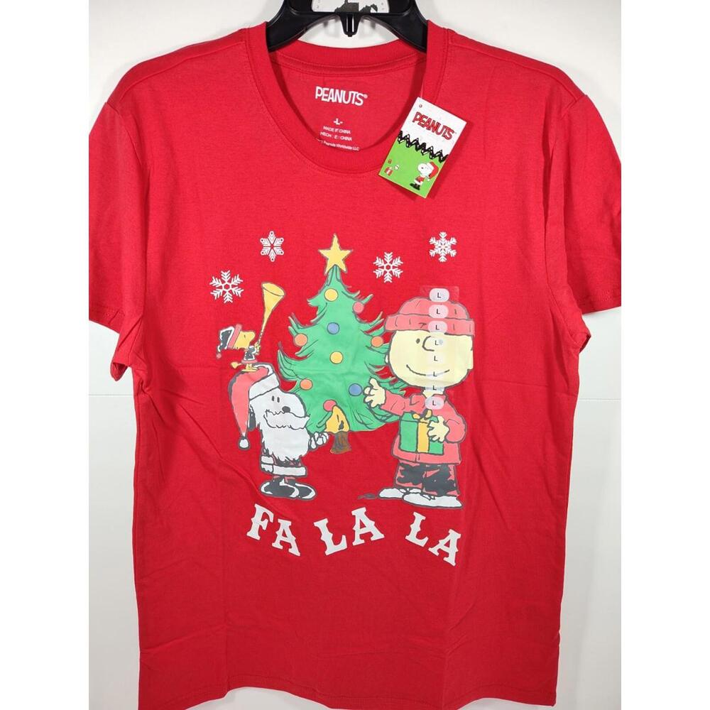 Peanuts Christmas Tree Shirt Adult Size Large Red T-Shirt Fa La La Charlie Brown